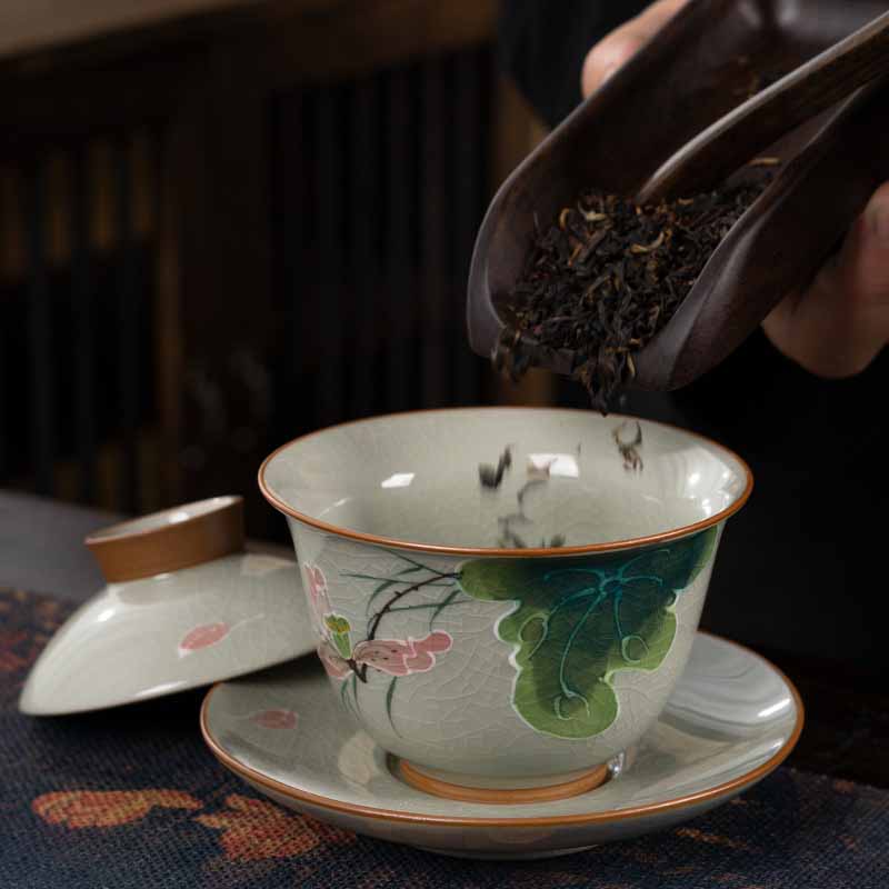 Mythstone Lotus Koi Fish Pod Leaf Ceramic Gaiwan Sancai Teacup Kung Fu Tea Cup And Saucer With Lid 140ml