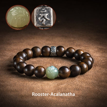 Pulsera de plata de ley 925 con jade de agar y buda de Kalimantan con el zodíaco chino Mythstone