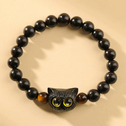 Mythstone Cute Ebony Wood Cat Head Pattern Peace Bracelet