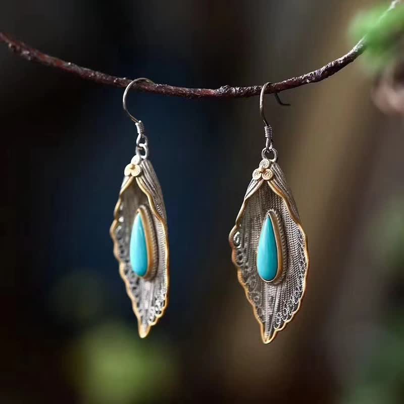 Mythstone 925 Sterling Silver Turquoise Bodhi Leaf Pattern Protection Drop Dangle Earrings