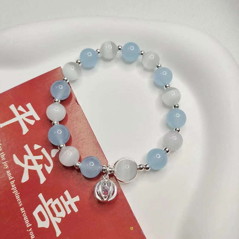 Mythstone 925 Sterling Silver Cat's Eye Aquamarine Support Charm Bracelet