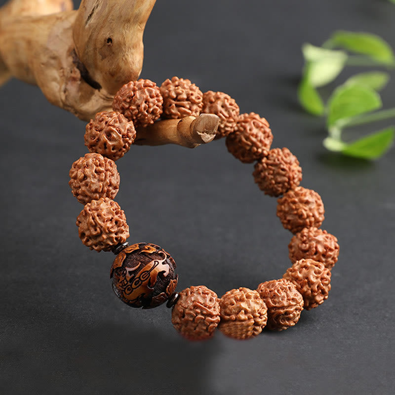 Pulsera de la suerte y la riqueza con moneda de cobre PiXiu y semilla de Bodhi de Rudraksha del Tíbet