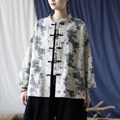 Mythstone Black Gray Print Frog-button Design Long Sleeve Cotton Linen Jacket Shirt With Pockets