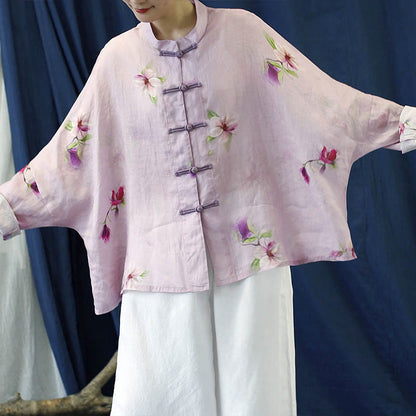 Mythstone Pink Flower Print Frog-button Design Batwing Long Sleeve Ramie Linen Jacket Shirt