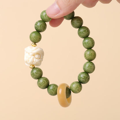 Mythstone Green Bodhi Seed Ivory Fruit Dancing Lion Om Mani Padme Hum Engraved Peace Bracelet