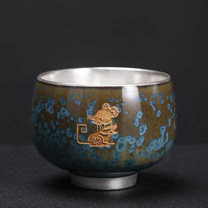 Mythstone 999 Gilt Silver Gilt Chinese Zodiac Ceramic Teacup Kung Fu Tea Cup 160ml