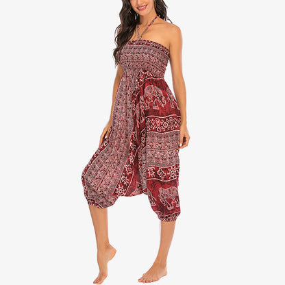 Mythstone Two Style Wear Elephant Pattern Loose Smocked Harem Trousers Jumpsuit Women's Yoga Pants