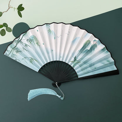 Mythstone Retro Lotus Flower Leaf Mountain Lake Handheld Folding Fan With Bamboo Frames