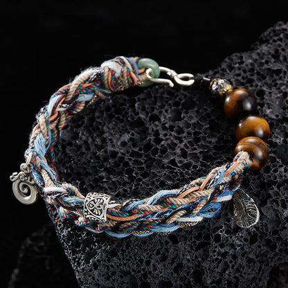 Mythstone 925 Sterling Silver Tiger's Eye Colorful Cotton Rope Handmade Willpower Bracelet