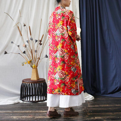 Mythstone Red Blue Peony Midi Dress Half Sleeve Cotton Linen Dress Wide Leg Pants With Pockets