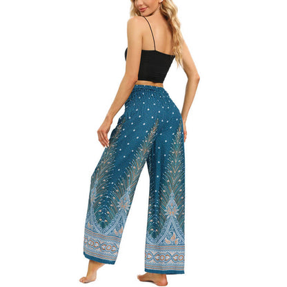 Mythstone Boho Peacock Feathers Lace-up Wide Leg Pants Women's Yoga Pants