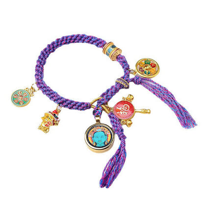 Pulsera trenzada de hilo de la suerte Thangka de la diosa de la riqueza Zakiram de Tara verde tibetana Mythstone 