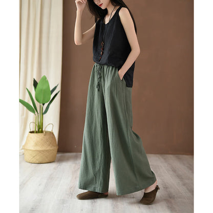 Mythstone Loose Cotton Linen Drawstring Wide Leg Pants With Pockets