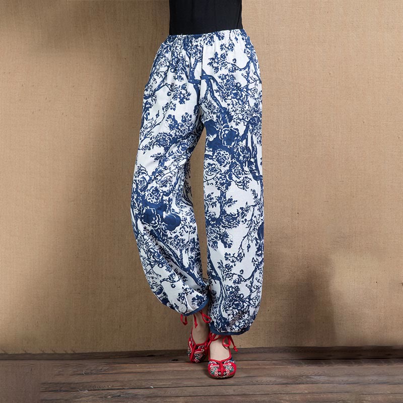 Mythstone Blue Tree Flowers Print Harem Pants With Pockets