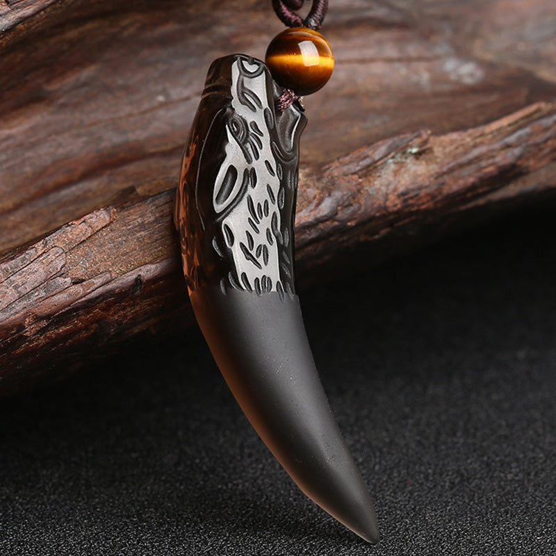 Mythstone Natural Ice Obsidian Wolf Tooth Pattern Courage Necklace Pendant