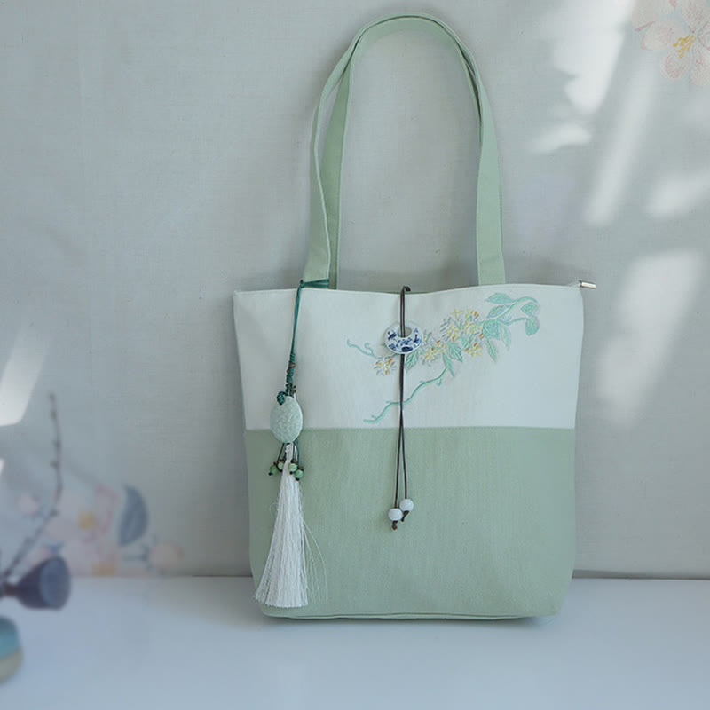 Mythstone Pear Flower Plum Peach Blossom Bamboo Embroidery Canvas Large Capacity Shoulder Bag Tote Bag