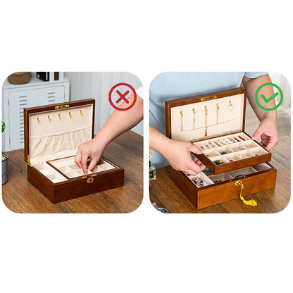 Joyero de madera vintage Mythstone, caja de almacenamiento de joyas de madera maciza de dos capas