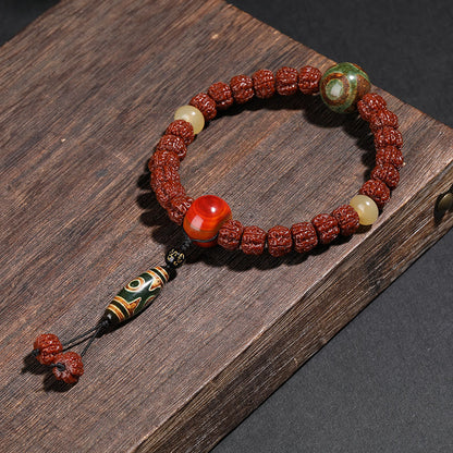 Mythstone Tibet Rudraksha Bodhi Seed Dzi Bead Lucky Cat Dancing Lion Wealth Bracelet Wrist Mala