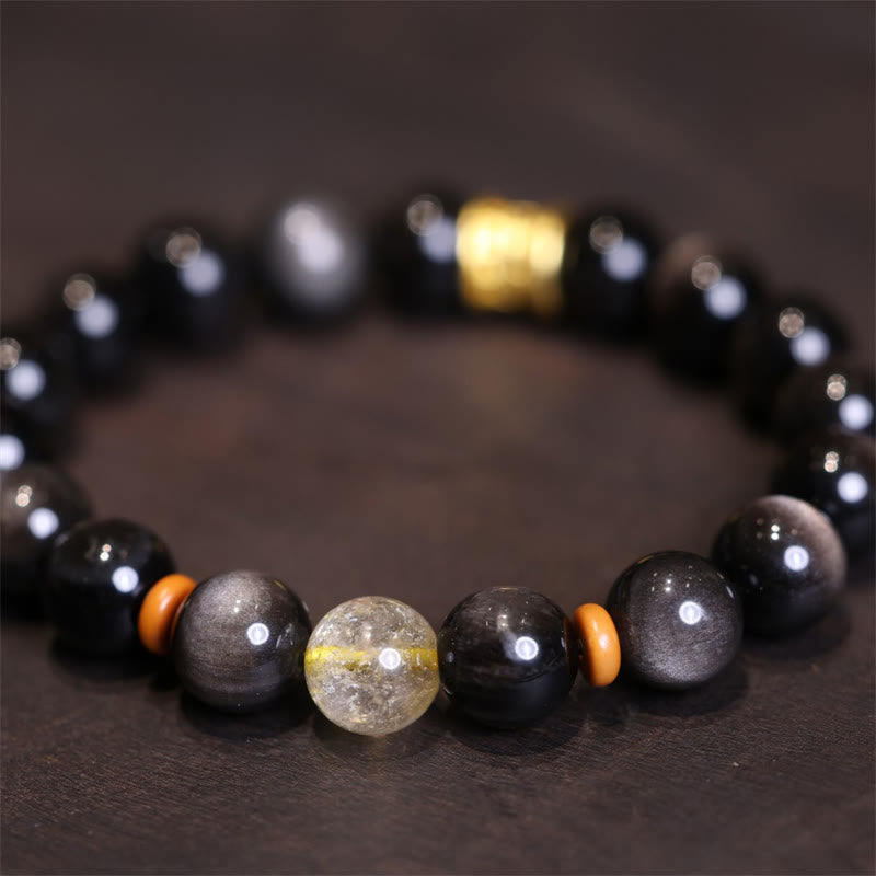 Pulsera protectora con cuentas de obsidiana de plata natural y brillo Om Mani Padme Hum de Mythstone