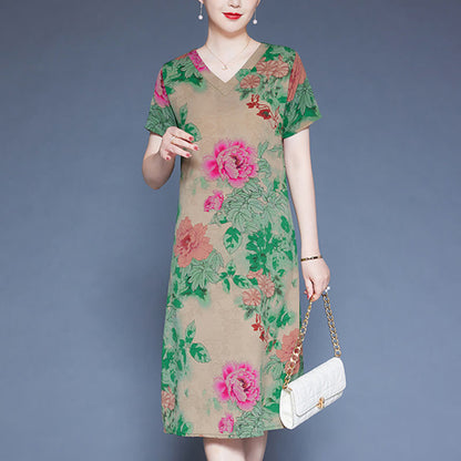 Mythstone V-Neck Green Red Peony Colorful Flowers Short Sleeve Midi Dress With Pockets