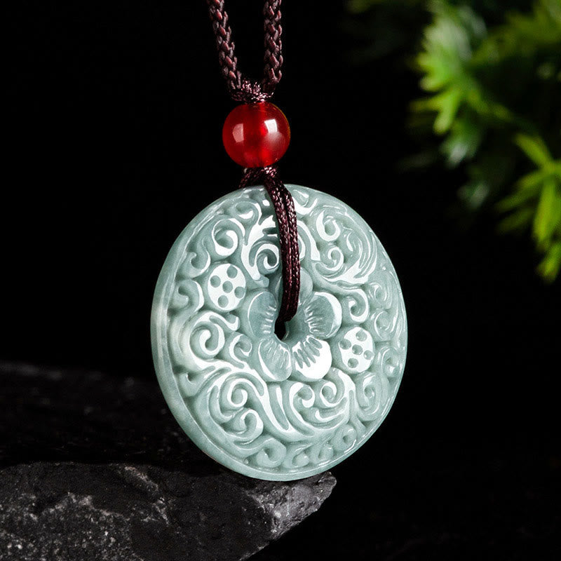 Mythstone Green Jade Flower Carved Peace Buckle Abundance Necklace Pendant