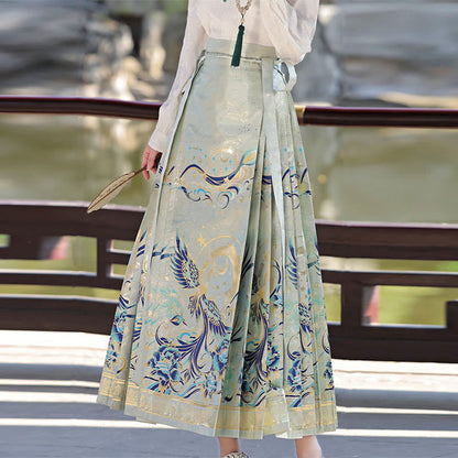 Mythstone Green Phoenix Printed Chinese Hanfu Horse Face Skirt Mamianqun