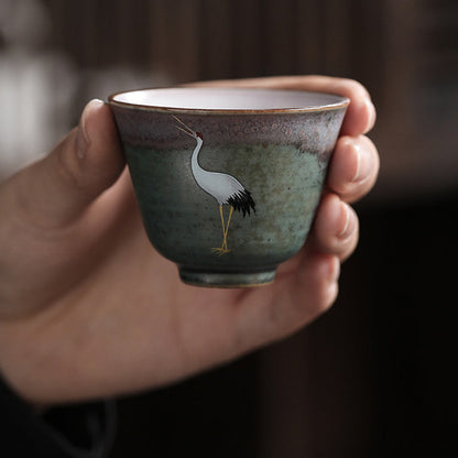 Mythstone Auspicious Crane Ceramic Teacup Kung Fu Tea Cup Bowl