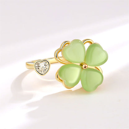 Mythstone Cat's Eye Four Leaf Clover Zircon Love Rotatable Ring