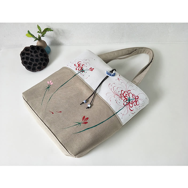 Mythstone Pear Flower Plum Peach Blossom Bamboo Embroidery Canvas Large Capacity Shoulder Bag Tote Bag