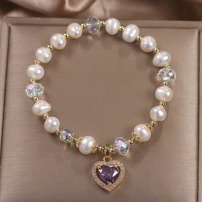 Mythstone Natural Pearl Amethyst Love Heart Healing Charm Bracelet