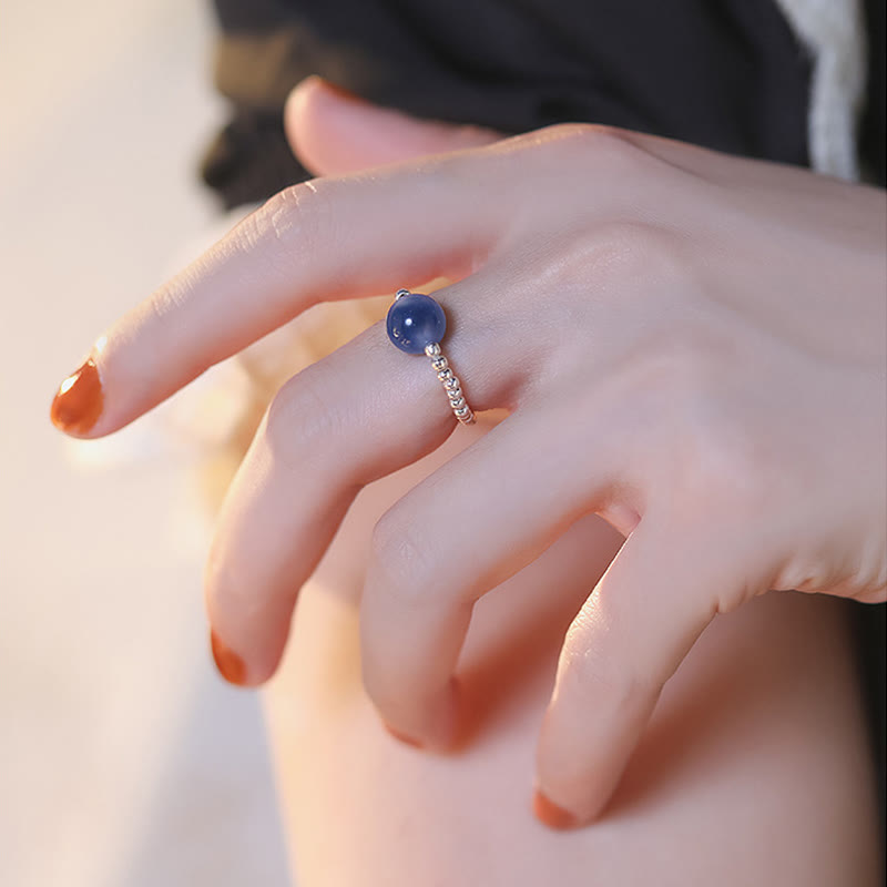 Mythstone 925 Sterling Silver Blue Candy Agate Healing Bead Ring