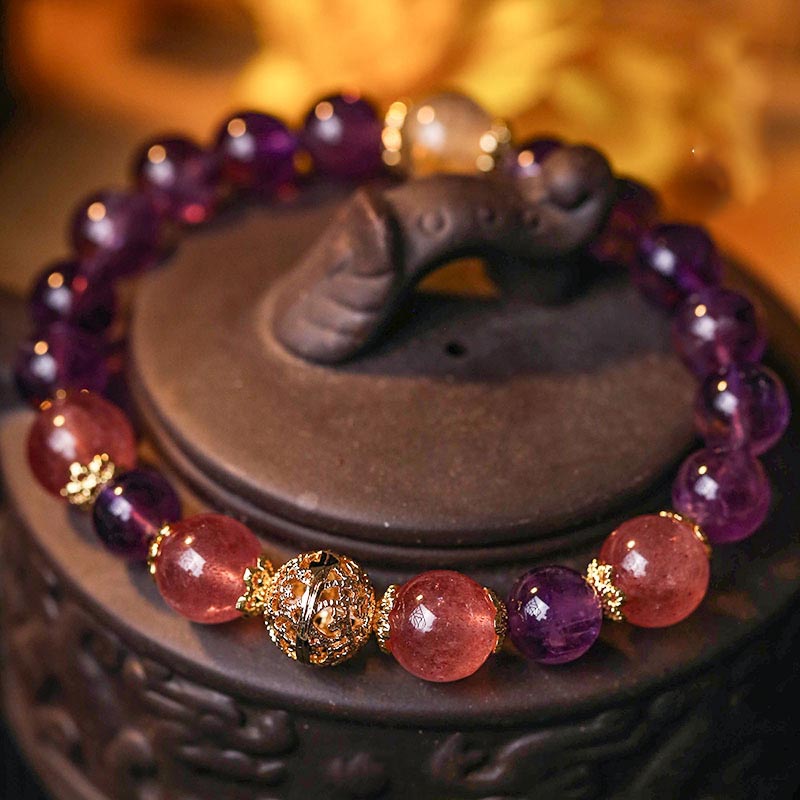 Mythstone Natural Citrine Amethyst Rutilated Quartz Prosperity Protection Bracelet