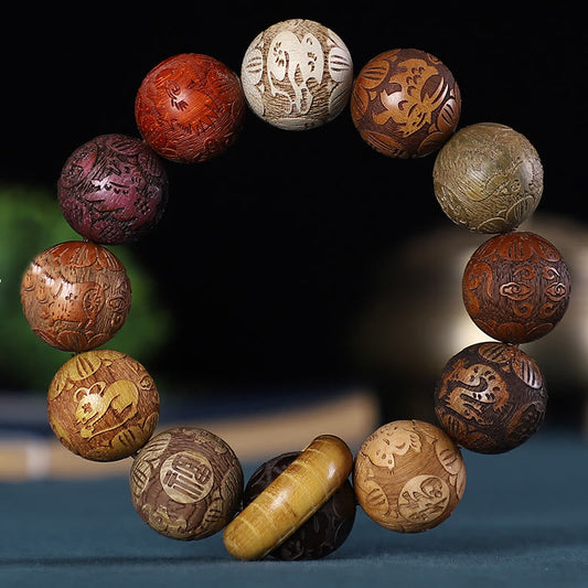 Mythstone Chinese Zodiac Rosewood Green Sandalwood Ebony Wood Copper Coin Carved Calm Bracelet