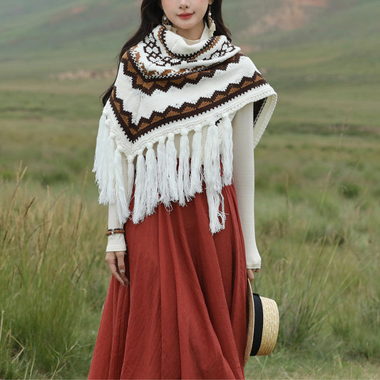 Mythstone Tibetan Triangular Shawl Striped Tassels Winter Cozy Travel Scarf Wrap