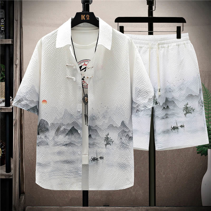 Mythstone Landscape Coconut Trees Magpie Pattern Short Sleeve Shorts Men's Set