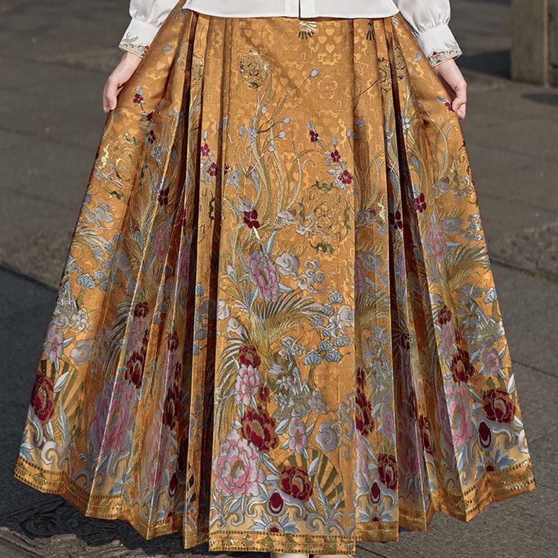 Mythstone Golden Flower Phoenix Embroidery Long Sleeve Shirt Top Chinese Hanfu Ming Dynasty Horse Face Skirt Mamianqun Skirt