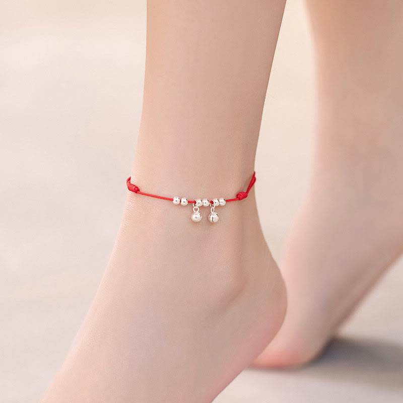 Mythstone 925 Sterling Silver Red String Braid Bell Charm Anklet