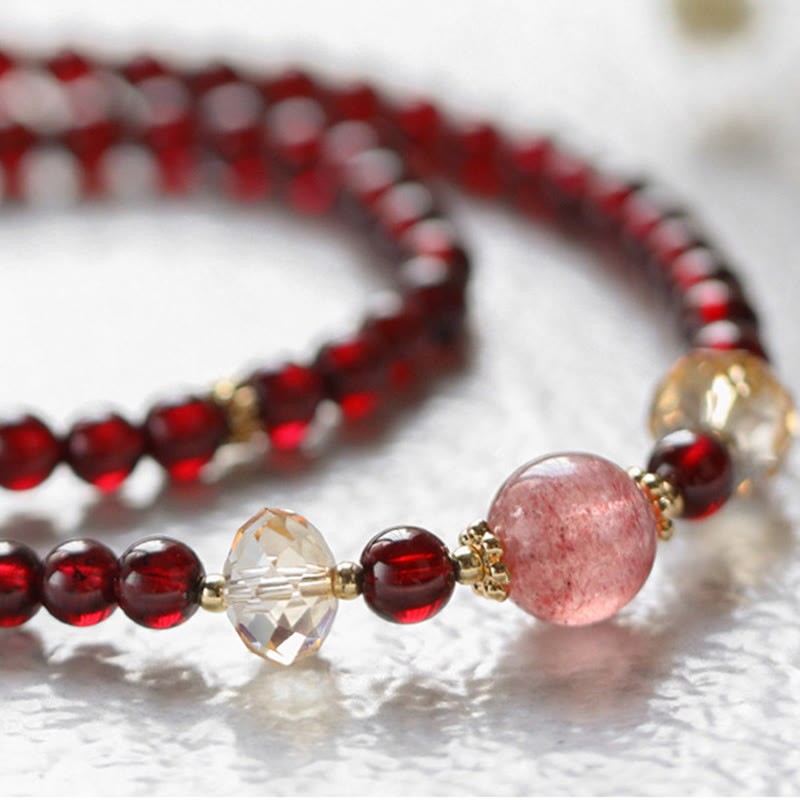 Mythstone 14K Gold Plated Natural Garnet Strawberry Quartz Stability Double Wrap Bracelet