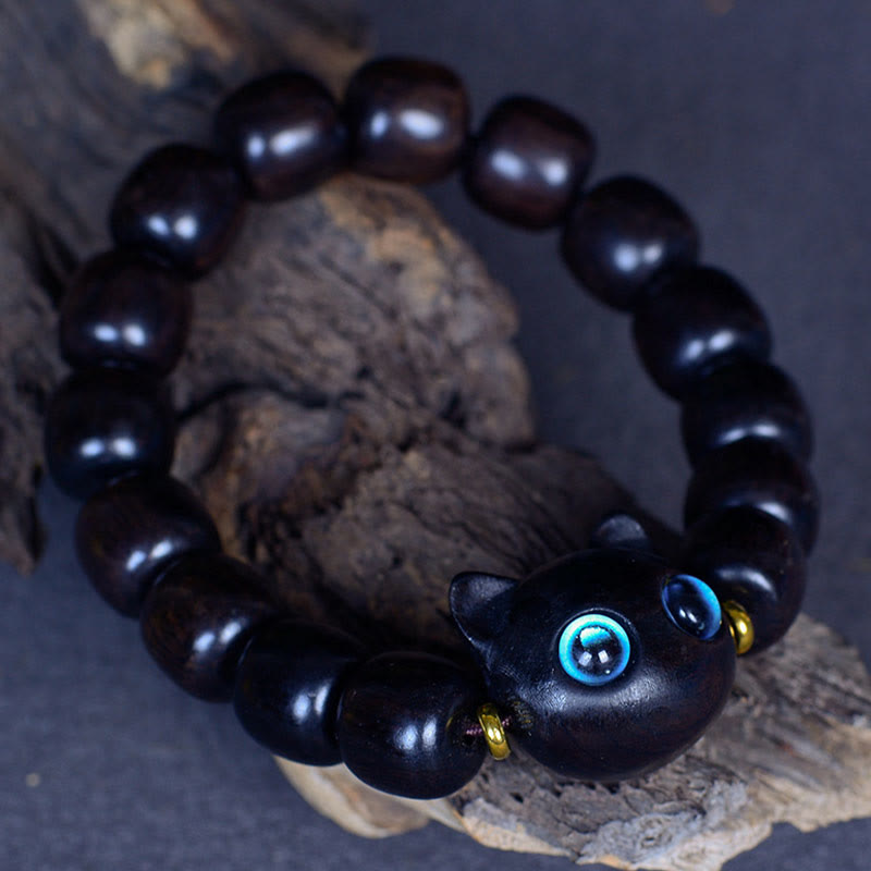 Pulsera de equilibrio de paz con forma de gato encantador de madera de ébano y cristal de Liuli Mythstone 