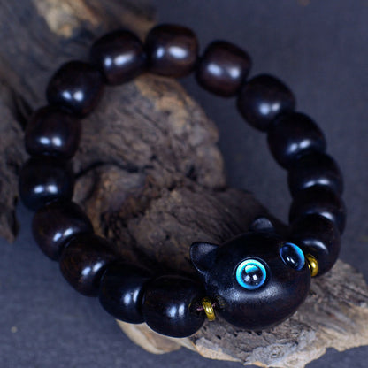 Pulsera de equilibrio de paz con forma de gato encantador de madera de ébano y cristal de Liuli Mythstone 