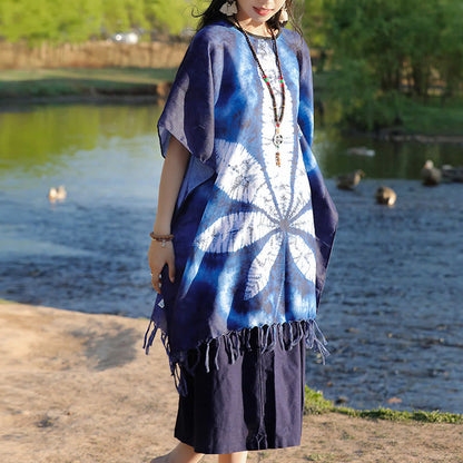 Mythstone Blue Batik Shawl Tassels Maple Leaf Cozy Travel Pullover 95*90cm