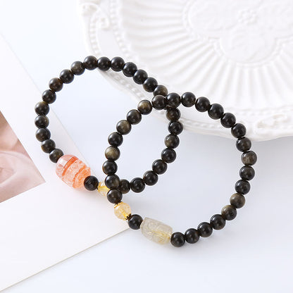 Pulsera de protección de riqueza PiXiu con obsidiana y brillo dorado natural de Mythstone