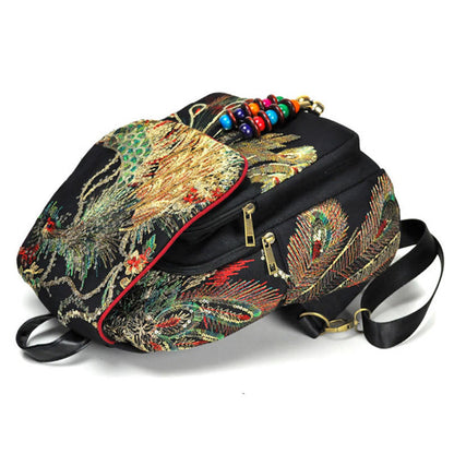 Mythstone Peacock Embroidery Canvas Tassel Backpack