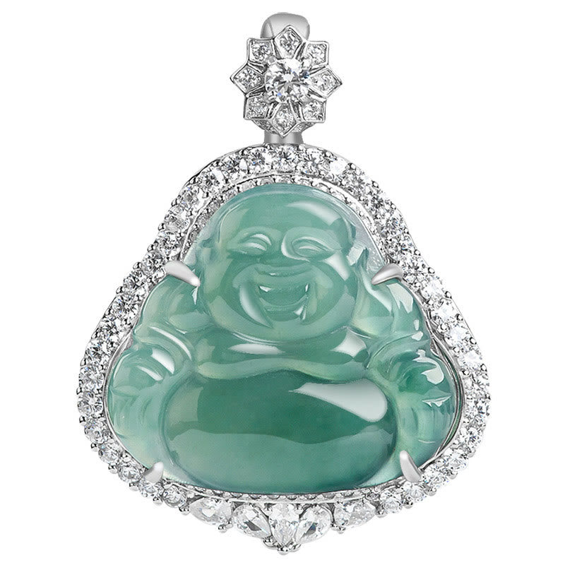 Mythstone 925 Sterling Silver Laughing Buddha Natural Jade Luck Abundance Chain Necklace Pendant