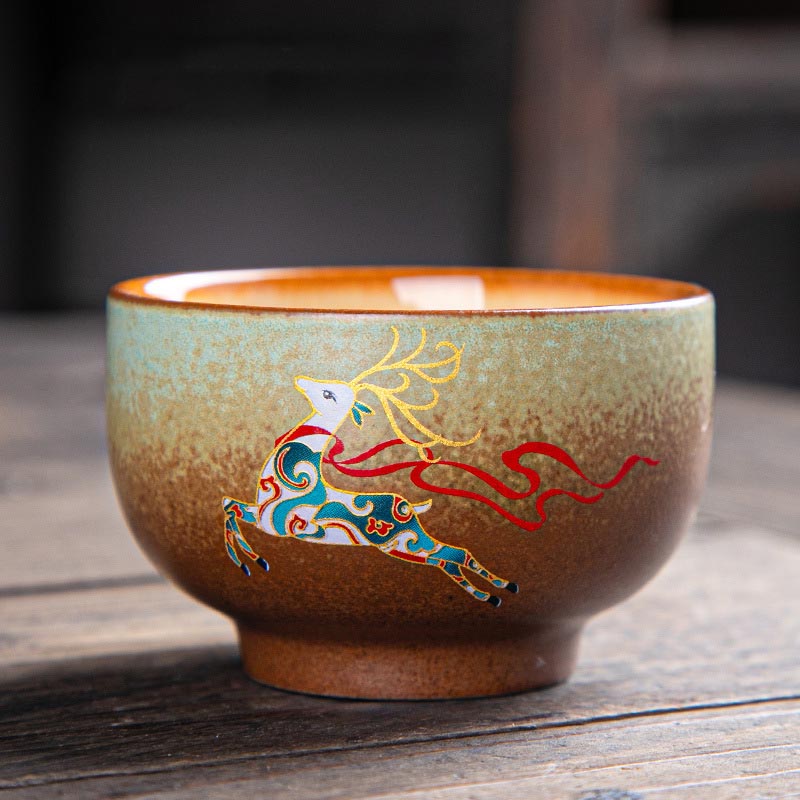 Mythstone Colorful Deer Pipa Snow Plum Blossoms Mountains Rivers Bird Ceramic Teacup Kung Fu Tea Cup Bowl