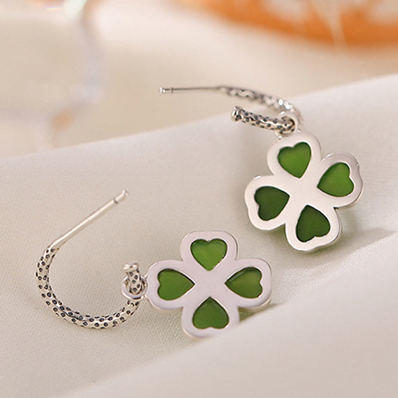 Mythstone 925 Sterling Silver Natural Cyan Jade Four Leaf Clover Luck Success Earrings