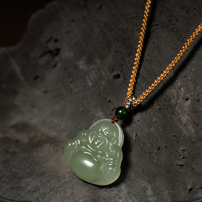 Mythstone Laughing Buddha Jade Lotus Prosperity String Necklace Pendant