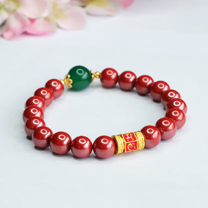 Mythstone Natural Cinnabar Green Agate Om Mani Padme Hum Pattern Blessing Bracelet