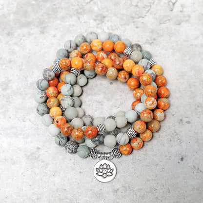 MythStone 108 Mala Beads Natural Stone Sea Sediment Jasper Lotus Protection Bracelet