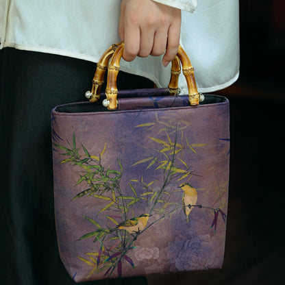 Mythstone Purple Magpie Birds Branches Bamboo Handles Handbag